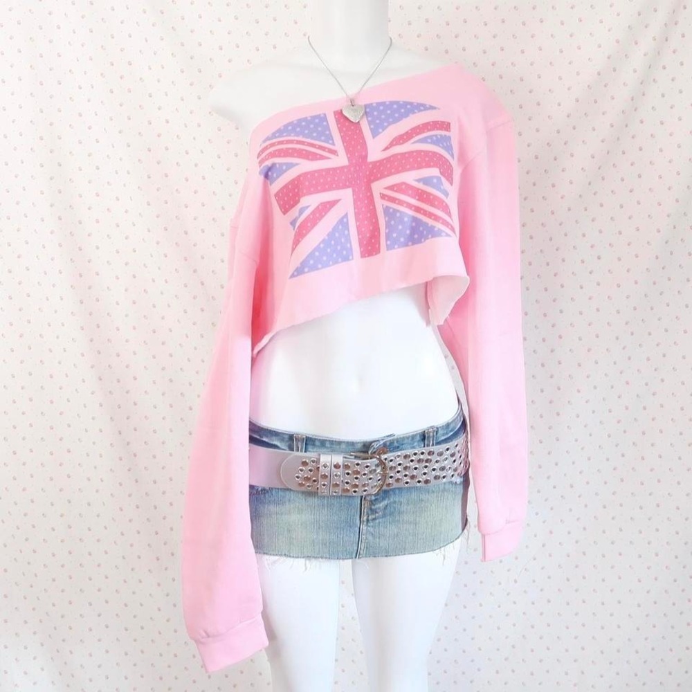 y2k union jack off shoulder sweatshirt british core spice girls graphic sweater